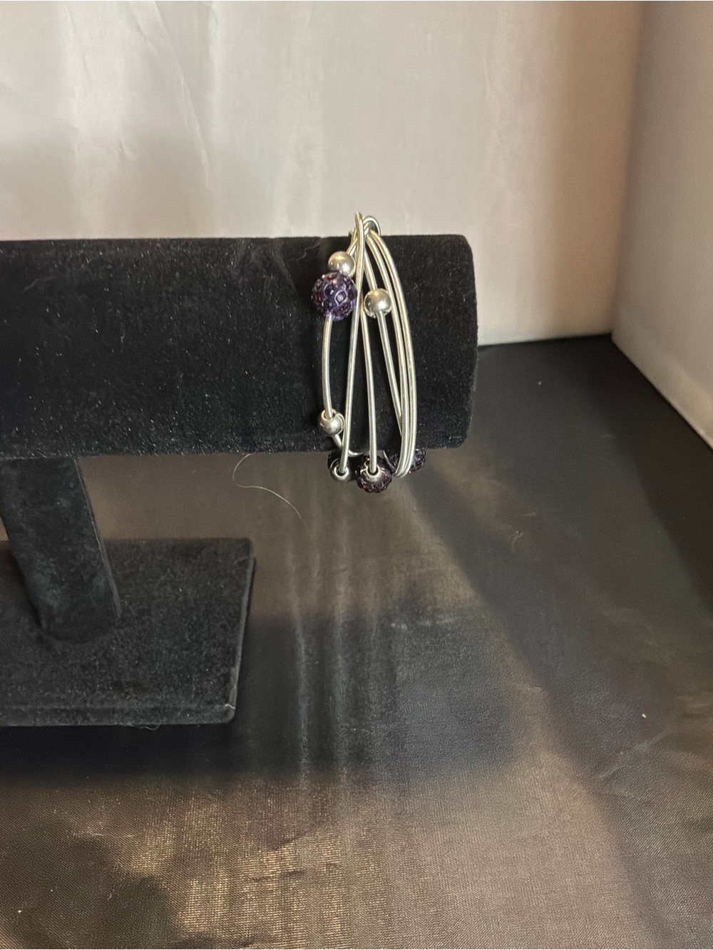 Silver inspired  Multi-Wire Bracelet with Purple Bead Accents